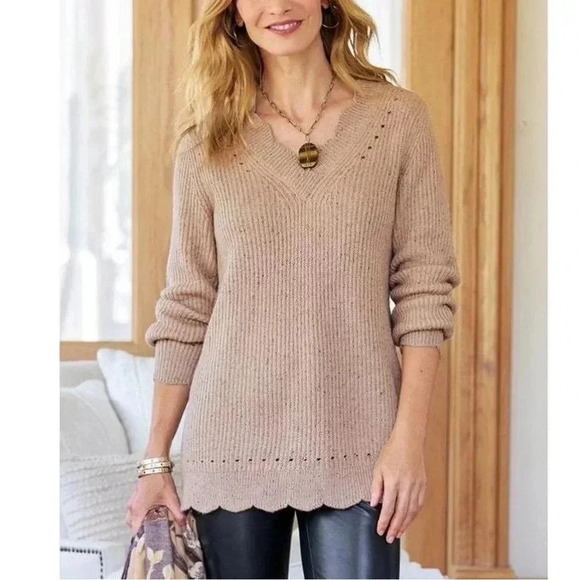 Soft Surroundings Sweaters - Soft Surroundings Elani Scalloped Edges Knit Sweater Tan Size Small